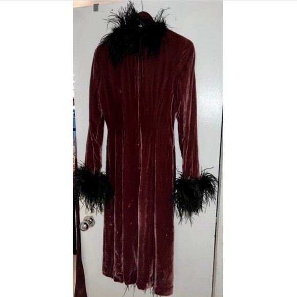 RARE Vintage Betsey Johnson Velvet Duster Coat w/Feathers Boa Small Fits 4 & 6 - Picture 3 of 9